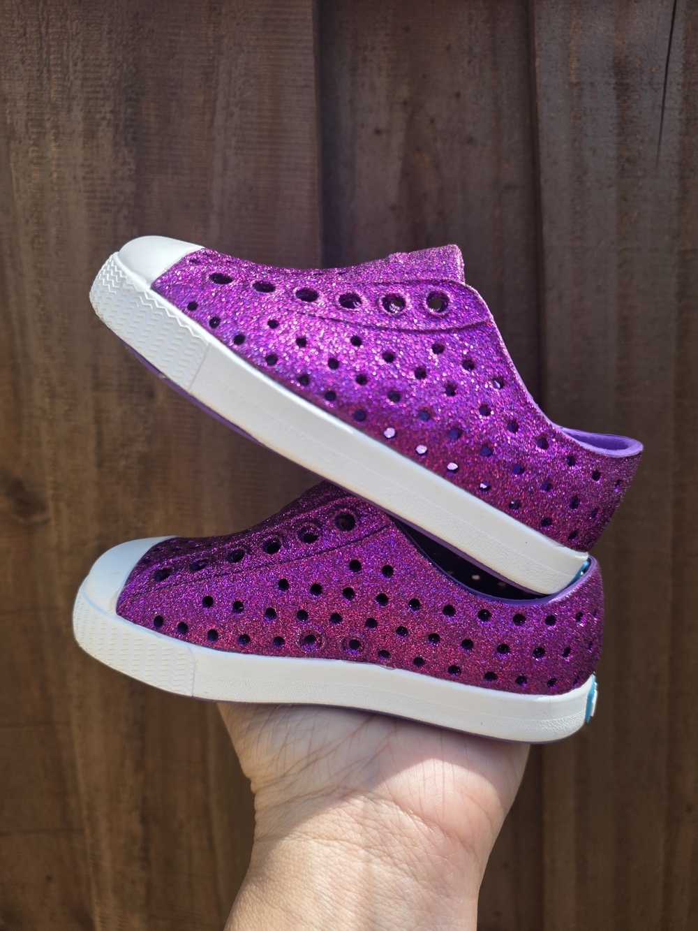 Native Shoes Kids Glitter Slip-On Sneakers in Sparkling purple c6